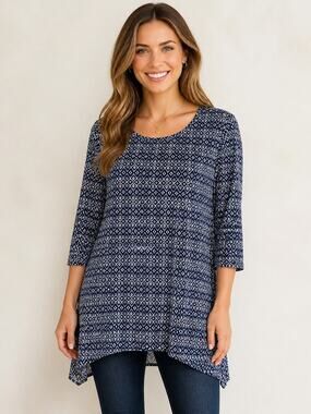 Croft & Barrow Navy Printed 3/4 Sleeve Tunic Large